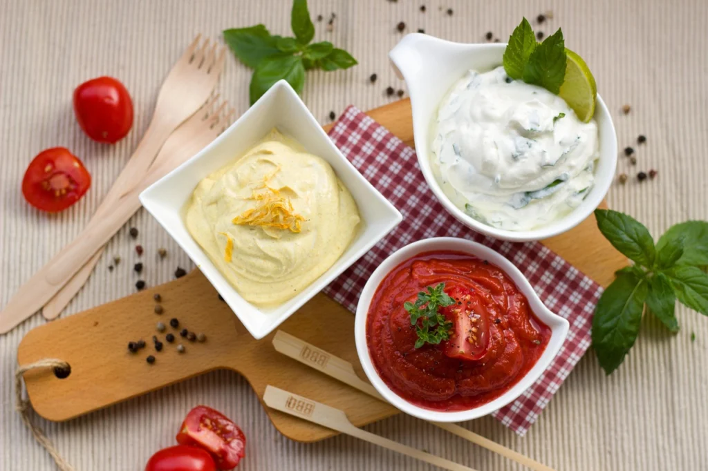 Small bowl of Greek yogurt dip surrounded by carrot and celery sticks