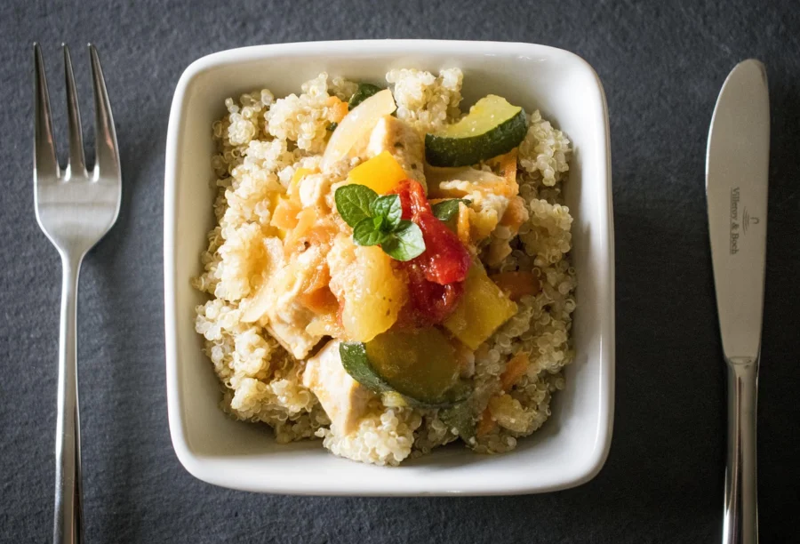 Meal prep containers filled with vegetables, quinoa, and chicken