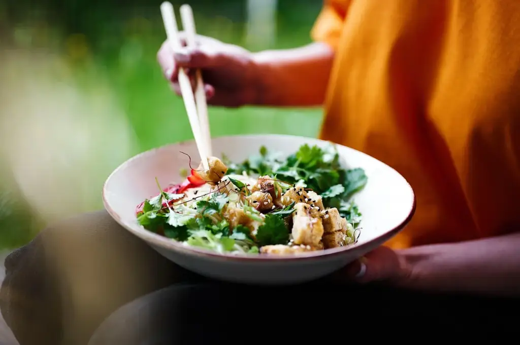 Lentil salad with vegetables and herbs made from firm cooked lentils