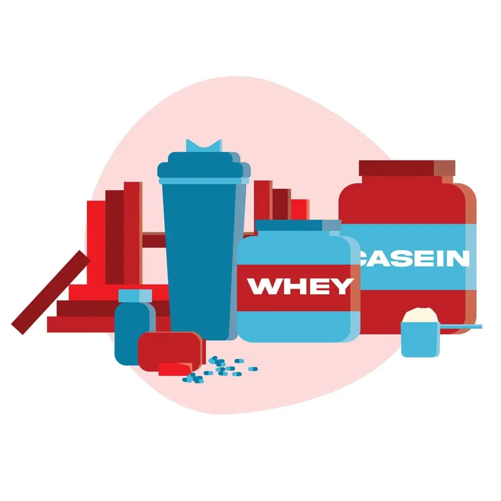Scoop of whey protein powder next to an open tub