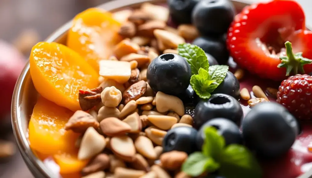 Bowl of oatmeal topped with berries, nuts, and seeds on a morning table
